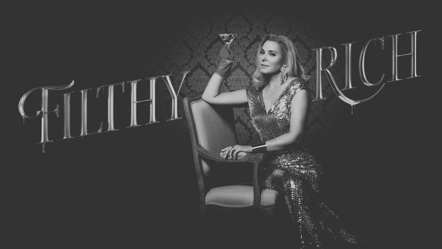 Black and white photo of Filthy Rich drama series poster.  Kim Cattrall plays Margaret Monreaux, wearing sequined gown and holding a martini in a glamorous gloved hand. Click for the show dossier.