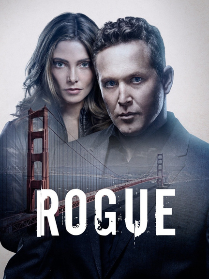 Cropped version of Rogue crime drama TV series, starring Cole Hauser and Ashley Greene. The Golden Gate Bridge is in the foreground.