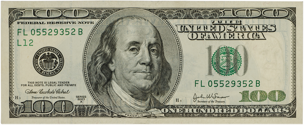 US 100 dollar bill. Benjamin. This prop ties in with the Filthy Rich show theme and the fact that composer Jeff Toyne used the sound of  100 dollar bills in the music tracks for the show.