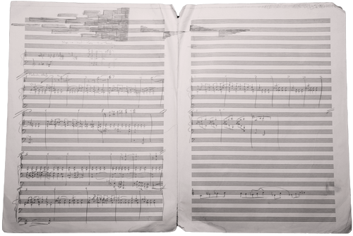 Photo of orchestral sheet music, composed by Jeff Toyne. 