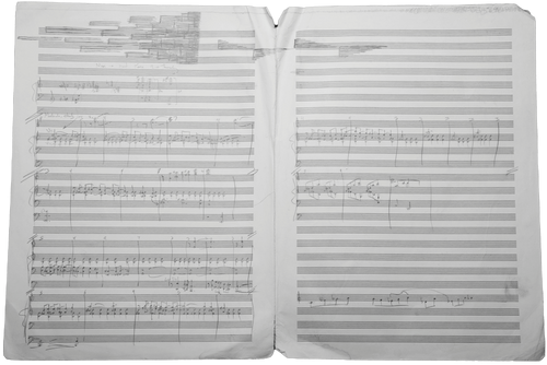 Photo of orchestral sheet music, composed by Jeff Toyne. 